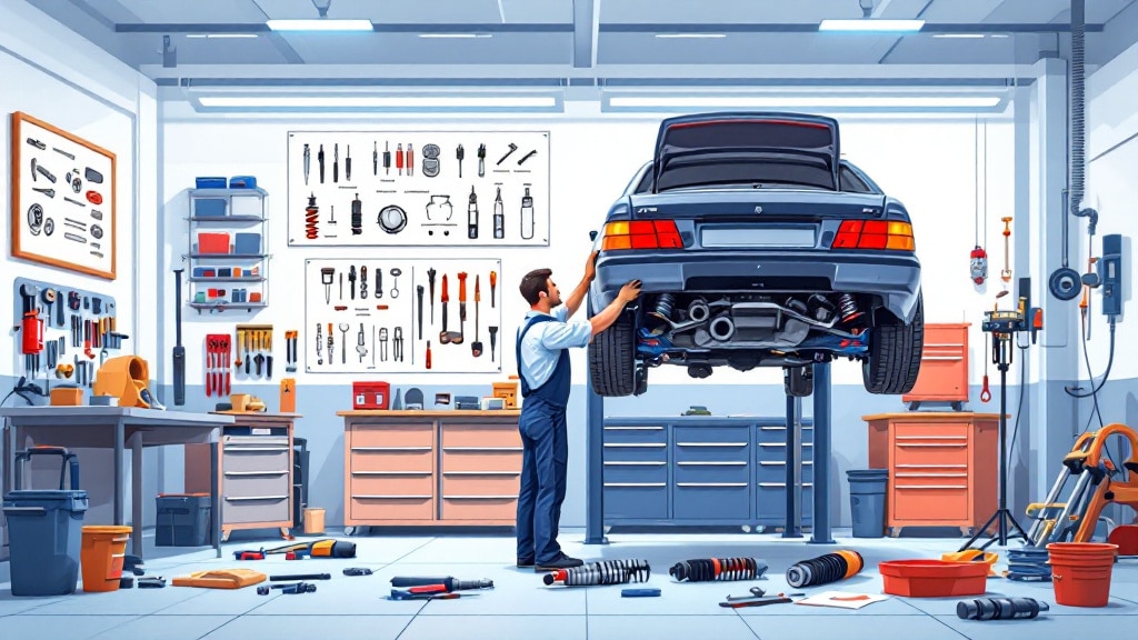 A clean, informative illustration depicting a workshop scene focused on changing shock absorbers. The image features a mechanic working on a car's suspension system, highlighting the shock absorbers and tools used in the process. Surrounding the mechanic are visual elements like spare parts, tools, and instructional diagrams of shock absorbers, conveying a professional and reliable automotive service atmosphere. The overall design is bright and engaging, suitable for educating car owners about where and how to get their shock absorbers changed.