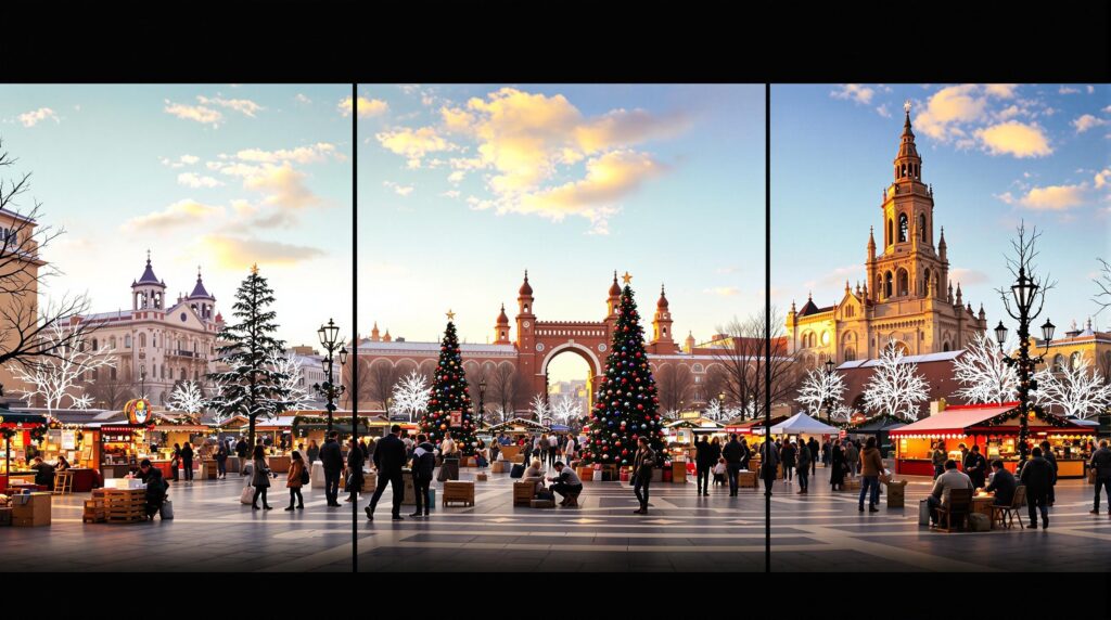 Ahora para esta:
La imagen muestra una escena festiva en un mercado navideño situado en una gran plaza abierta. El mercado está lleno de gente paseando y visitando los diferentes puestos. En el centro hay dos grandes árboles de Navidad decorados con adornos coloridos y coronados con estrellas. Alrededor de la plaza hay edificios bellamente iluminados, incluyendo una iglesia prominente con una alta aguja a la derecha y una puerta arqueada en el centro. El cielo está despejado con algunas nubes, y la atmósfera general es animada y festiva, realzada por las decoraciones y luces navideñas.