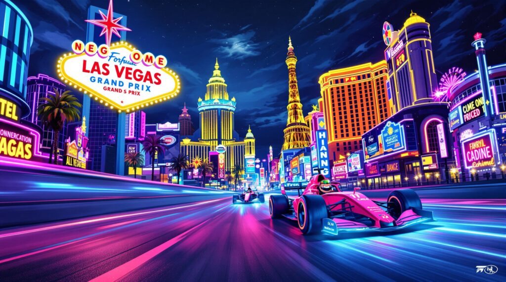 La imagen muestra una escena vibrante y llena de neón de Las Vegas por la noche, con una carrera de Fórmula 1 en primer plano. Dos coches de Fórmula 1 están compitiendo en una calle iluminada, con el icónico Strip de Las Vegas en el fondo. Los edificios están adornados con coloridos letreros y luces de neón, incluyendo un cartel prominente que dice 'Welcome to Fabulous Las Vegas Grand Prix'. La escena es dinámica y energética, capturando la emoción de una carrera de alta velocidad en una ciudad famosa por su vida nocturna y entretenimiento.