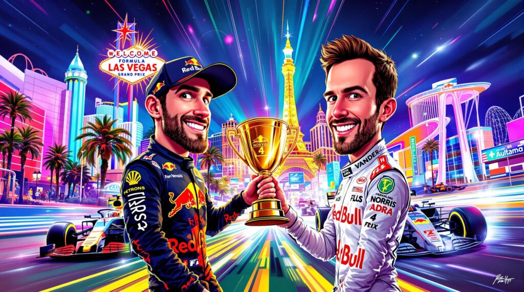 La imagen es una ilustración vibrante y colorida que presenta caricaturas de los pilotos de Fórmula 1 Max Verstappen y Lando Norris. Ambos están de pie frente a un fondo estilizado de Las Vegas, con luces de neón, palmeras y puntos de referencia icónicos como la réplica de la Torre Eiffel y el letrero de 'Welcome to Las Vegas'. Los dos pilotos sostienen juntos un gran trofeo dorado que tiene el texto 'NORVAIS 4'. La escena es dinámica, con coches de carreras en el fondo y rayos de luz que sugieren velocidad y emoción. La imagen es interesante y relevante ya que captura la emoción y el glamour de un evento de Gran Premio de Fórmula 1 en Las Vegas, destacando el espíritu competitivo entre los dos pilotos.