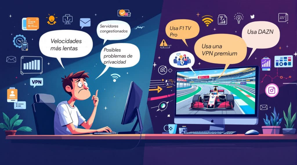 "La imagen está dividida en dos mitades, cada una representando un escenario diferente relacionado con el uso de internet y el streaming. En el lado izquierdo, una persona está sentada en un escritorio con una computadora, luciendo frustrada. Los globos de diálogo alrededor de la persona destacan problemas como 'Velocidades más lentas', 'Servidores congestionados' y 'Posibles problemas de privacidad'. También hay varios iconos relacionados con la conectividad a internet, VPN y seguridad.

En el lado derecho, la misma persona está viendo una carrera de Fórmula 1 en una pantalla de computadora, luciendo satisfecha. Los globos de diálogo sugieren soluciones como 'Usa F1 TV Pro', 'Usa una VPN premium' y 'Usa DAZN'. Hay iconos relacionados con el streaming, la conectividad y la tecnología.

Esta imagen es interesante y relevante ya que contrasta los desafíos de usar una conexión a internet estándar con los beneficios de usar servicios especializados y VPNs premium para una mejor experiencia de streaming.