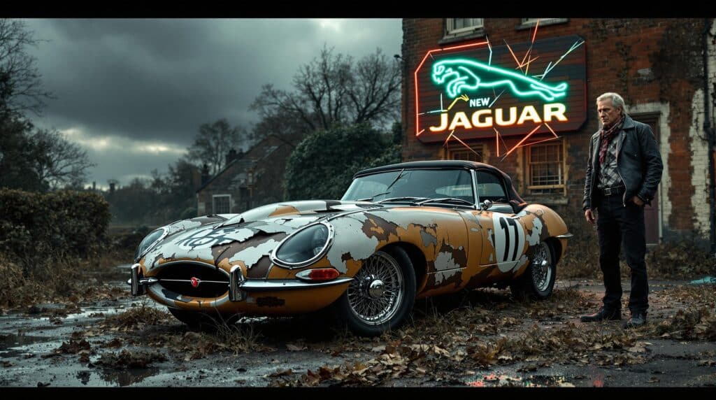 La imagen muestra un Jaguar clásico con una pintura desgastada estacionado frente a un edificio antiguo. El coche tiene el número '17' en el costado y está rodeado de hojas caídas y charcos, lo que sugiere un entorno otoñal o posterior a la lluvia. Un letrero de neón en el edificio dice 'NEW JAGUAR' con un logotipo estilizado de jaguar. Una persona con chaqueta de cuero y bufanda está de pie junto al coche, mirándolo. La escena es interesante debido al contraste entre el coche clásico y el letrero de neón moderno, así como la atmósfera nostálgica y ligeramente melancólica creada por el entorno.