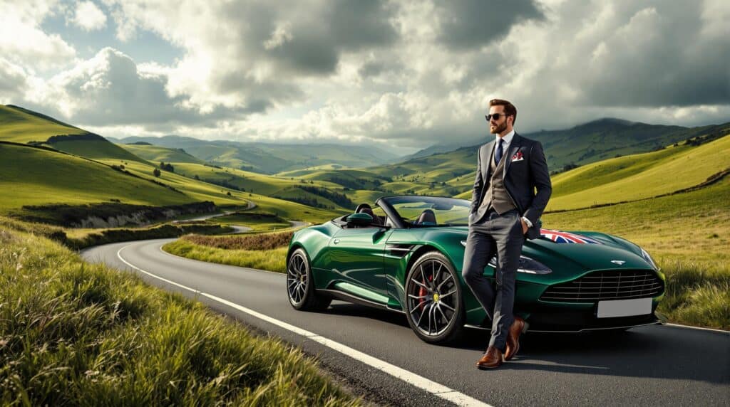 "La imagen muestra a un hombre vestido con un traje elegante apoyado en un coche deportivo convertible verde en una carretera sinuosa a través de un paisaje colinoso y exuberante. El coche tiene un diseño de la bandera Union Jack en el capó, indicando una marca británica. La escena se desarrolla bajo un cielo parcialmente nublado, con la carretera curvándose en la distancia, rodeada de colinas y campos verdes. Esta imagen representa el valor de la identidad de marca al mostrar lujo, elegancia y herencia británica, que son probablemente atributos asociados con la marca del coche. La combinación del hombre estiloso, el vehículo de alta gama y el entorno pintoresco transmite una sensación de sofisticación y exclusividad.