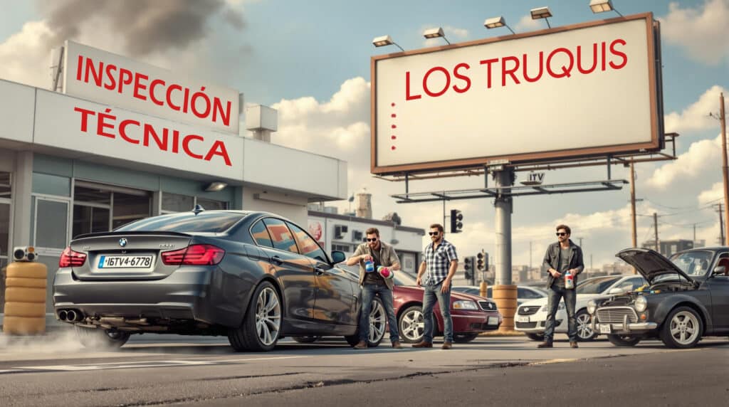 La imagen muestra una escena fuera de un centro de inspección técnica de vehículos (ITV) con el cartel "INSPECCIÓN TÉCNICA" destacado. Hay varios coches y tres personas en primer plano. Uno de los coches, un BMW negro con la matrícula "16TV4-6778", está emitiendo humo por el escape. Otro coche tiene el capó abierto, lo que indica que podría estar en mantenimiento o inspección. Las personas parecen estar discutiendo o trabajando en los coches. También hay una gran valla publicitaria con el texto "LOS TRUQUIS".