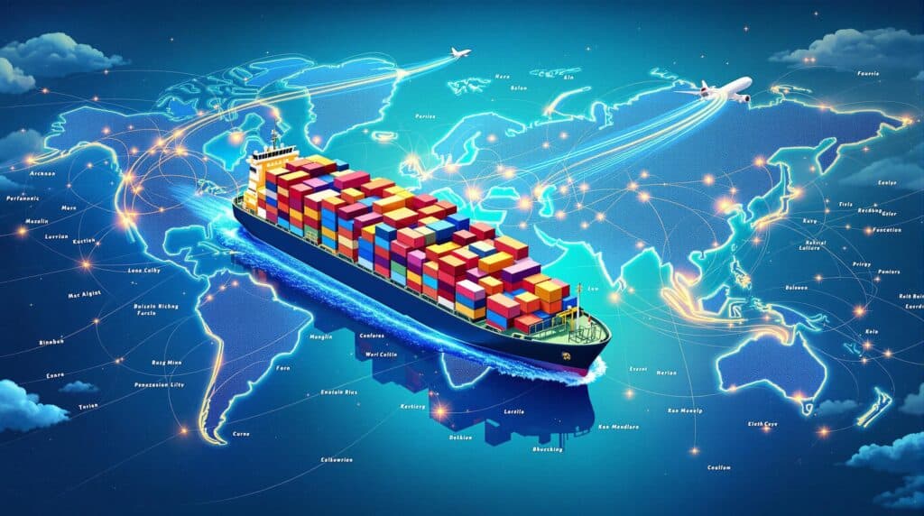La imagen muestra un gran buque de carga transportando numerosos contenedores de envío coloridos, navegando a través de un mapa mundial estilizado. El mapa destaca varias rutas comerciales globales con líneas brillantes que conectan diferentes regiones y ciudades, indicando el flujo de bienes y servicios. También se representan aviones, sugiriendo rutas de carga aérea. La imagen es interesante y relevante ya que representa visualmente el comercio y la logística global, enfatizando la interconexión de diferentes regiones a través del transporte marítimo y aéreo.