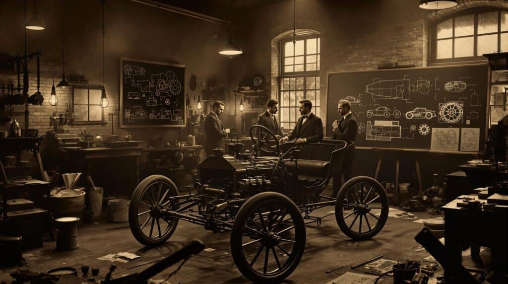 Claro, aquí tienes: La imagen muestra un taller vintage con cuatro personas vestidas con trajes examinando un automóvil antiguo, probablemente un Model T. El taller está lleno de diversas herramientas, equipos y planos. En el fondo, hay dos grandes pizarras negras que muestran dibujos técnicos detallados y esquemas de piezas mecánicas y vehículos. La escena está iluminada por bombillas colgantes, creando una atmósfera cálida y nostálgica.