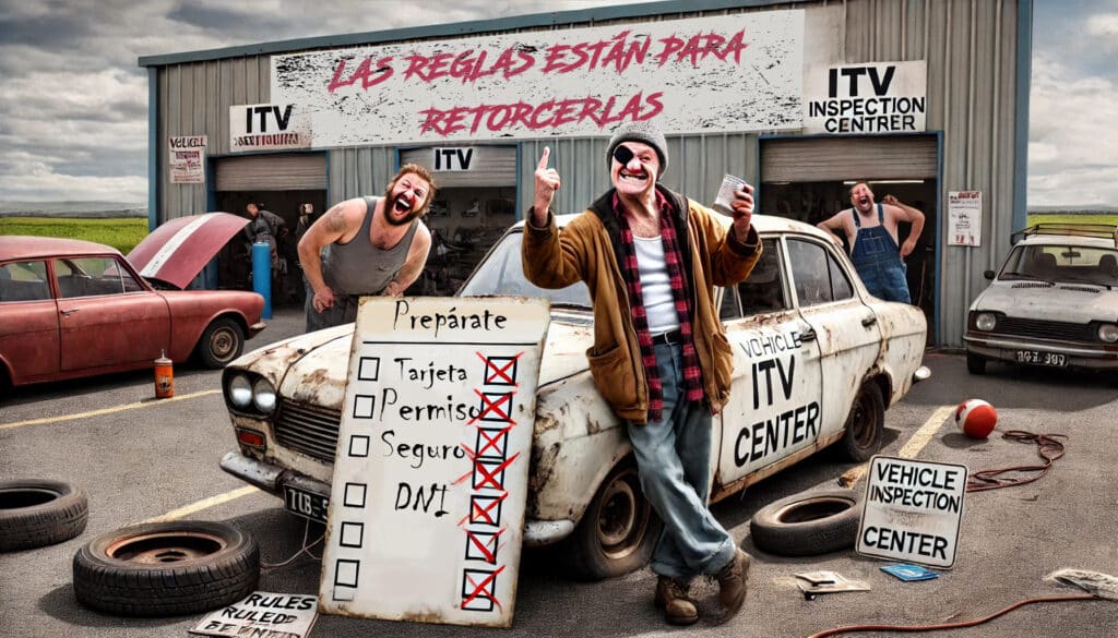 La imagen muestra una escena fuera de un centro de inspección técnica de vehículos (ITV). Hay varios coches antiguos, algunos con los capós abiertos, y personas trabajando en ellos. Un gran cartel sobre el centro dice "LAS REGLAS ESTÁN PARA RETORCERLAS". En primer plano, una persona está de pie junto a un coche con una gran lista de verificación en una pizarra que dice "Prepárate". La lista incluye:

Tarjeta

Permiso

Seguro

DNI

Todos los elementos de la lista están marcados con cruces rojas. También hay varias piezas de coche y herramientas esparcidas alrededor, incluyendo un cartel de "Vehicle Inspection Center" en el suelo. La escena parece ser una interpretación humorística de las inspecciones de vehículos, sugiriendo un enfoque relajado o poco convencional del proceso.