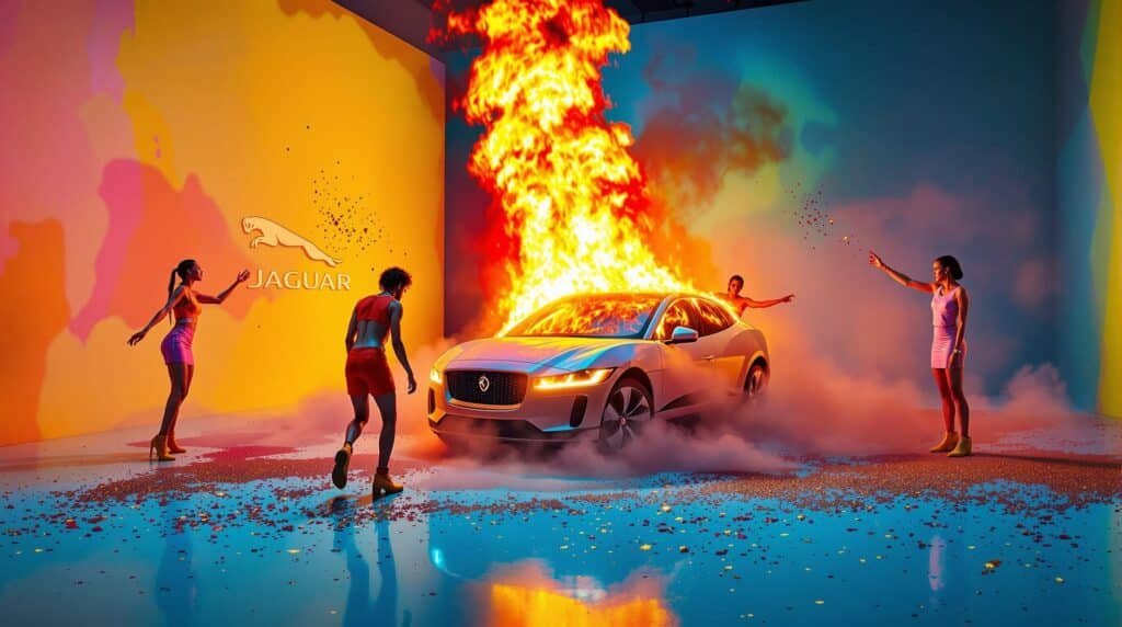 La imagen muestra un coche Jaguar envuelto en llamas, rodeado por cuatro personas. El coche está en el centro de la imagen con una gran llama intensa saliendo del techo, creando un efecto visual impactante. El fondo es colorido con un degradado de tonos cálidos, y el logotipo de Jaguar se muestra de manera prominente en la pared. Las personas alrededor del coche están vestidas con ropa vibrante y a la moda, añadiendo a la atmósfera dinámica y energética de la escena. Esta imagen es una crítica a que el Jaguar I-Pace tiende a arder y la marca intenta solucionarlo con marketing llamativo y superficial.