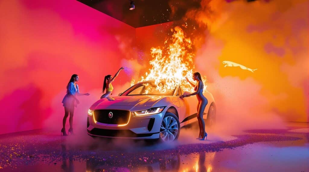 "La imagen muestra una escena dramática con un coche Jaguar blanco envuelto en llamas. Tres mujeres están posicionadas alrededor del coche, con una iluminación colorida que crea una atmósfera vibrante y surrealista. El fondo presenta un degradado de tonos rosados, naranjas y amarillos, y hay un logotipo de Jaguar visible en la pared. La escena es una crítica a que el Jaguar I-Pace tiende a arder y la marca intenta solucionarlo con marketing llamativo y superficial.