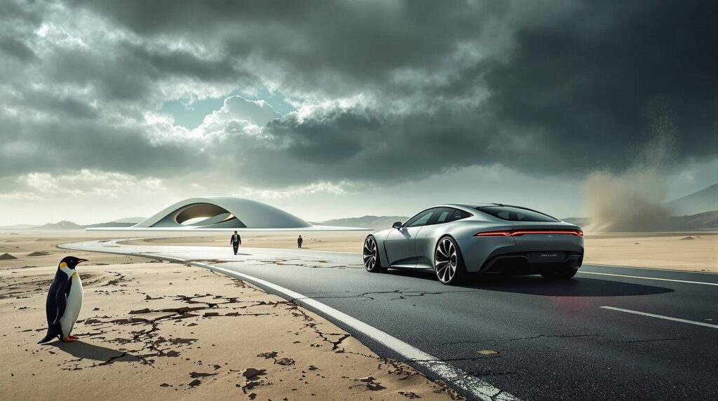 La imagen muestra una escena futurista con un elegante coche eléctrico Jaguar conduciendo por una carretera en un paisaje desértico. El cielo está nublado con nubes dramáticas, y hay una estructura futurista en forma de cúpula en el fondo. Dos personas caminan hacia la estructura. Curiosamente, también hay un pingüino parado en el suelo agrietado del desierto, lo que añade un elemento de surrealismo a la escena. Esta imagen es relevante ya que simboliza la incertidumbre del futuro de Jaguar y la esperanza representada por los vehículos eléctricos, yuxtapuesta con la inesperada presencia de un pingüino en el desierto, destacando la naturaleza impredecible del futuro.