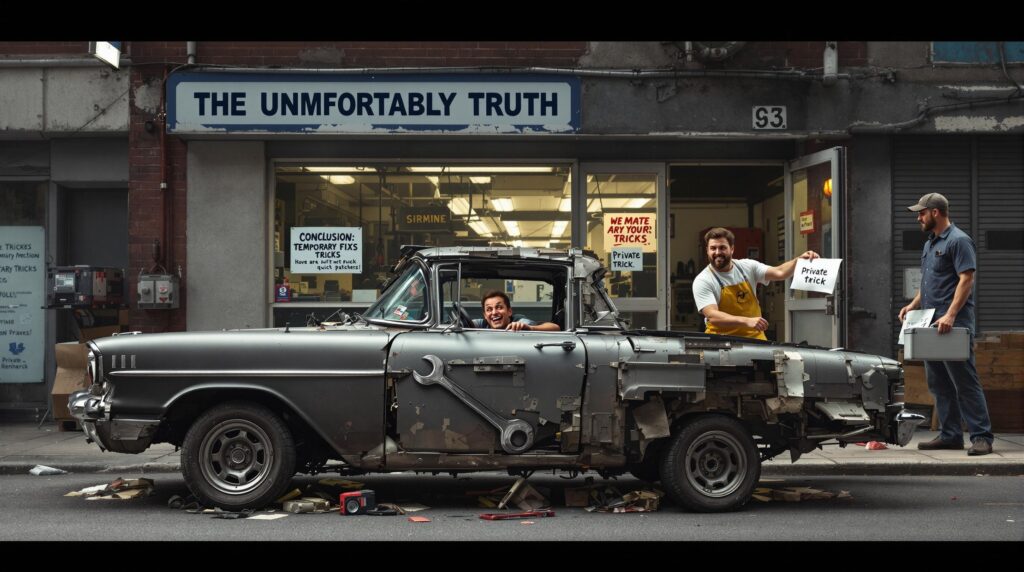
Ahora para esta:
La imagen muestra una escena frente a una tienda llamada "THE UNMFORTABLY TRUTH". Hay un coche antiguo y parcialmente desarmado estacionado frente a la tienda. Dos personas son visibles: una sostiene un cartel que dice "Private trick" y la otra está de pie cerca con una caja de herramientas. La tienda tiene letreros en las ventanas que dicen "CONCLUSION: TEMPORARY FIXS TRICKS House are built with ruck quick patches!" y "WE MATE ARY YOUR TRICKS. Private Trick." El coche tiene varias partes removidas y hay herramientas y escombros esparcidos alrededor. La escena parece ser un comentario sobre reparaciones improvisadas o soluciones temporales.