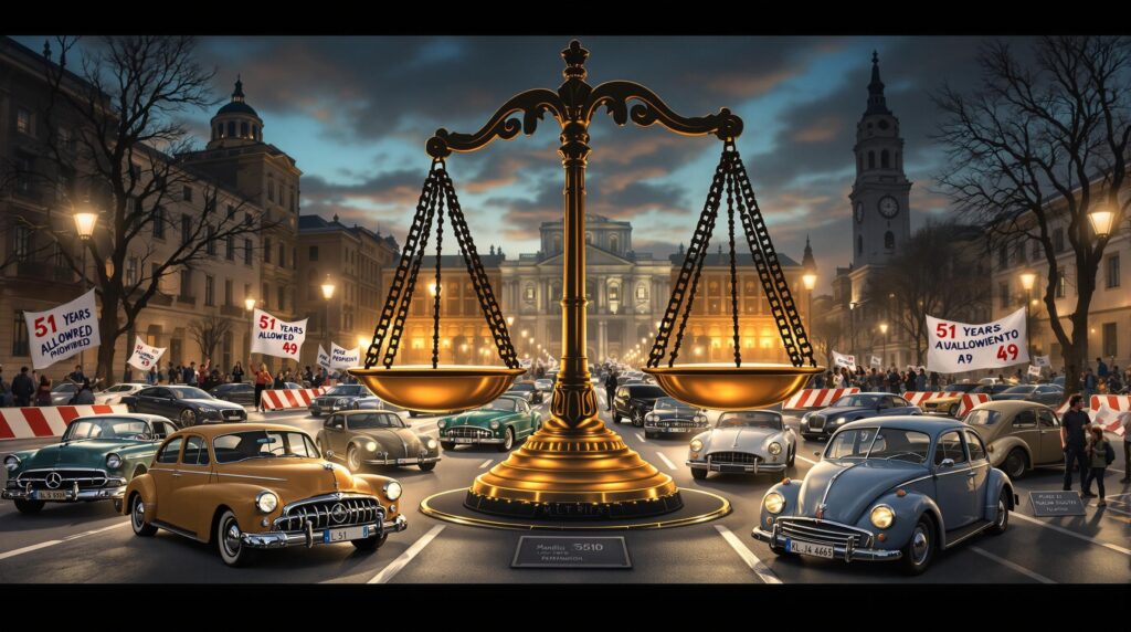 "La imagen muestra una gran balanza dorada colocada prominentemente en el medio de una calle llena de coches vintage. El fondo presenta edificios históricos grandiosos iluminados por farolas, sugiriendo una plaza de la ciudad o un área cívica importante. Hay multitudes de personas sosteniendo carteles que dicen '51 YEARS ALLOWED PROHIBITED 49' y '51 YEARS AVALLOWIENTO A9 49'. La escena parece ser una protesta o manifestación, con la balanza simbolizando justicia o equidad. Los coches vintage y el entorno histórico añaden un contexto nostálgico o histórico a la escena, haciéndola visualmente impactante y reflexiva
