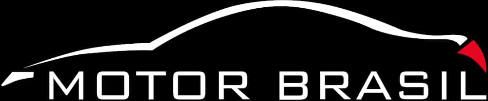 Logotipo de MOTOR BRASIL con texto estilizado y un elemento gráfico que representa la silueta de un coche. El esquema de colores es blanco y negro con un acento rojo en la punta de la silueta.