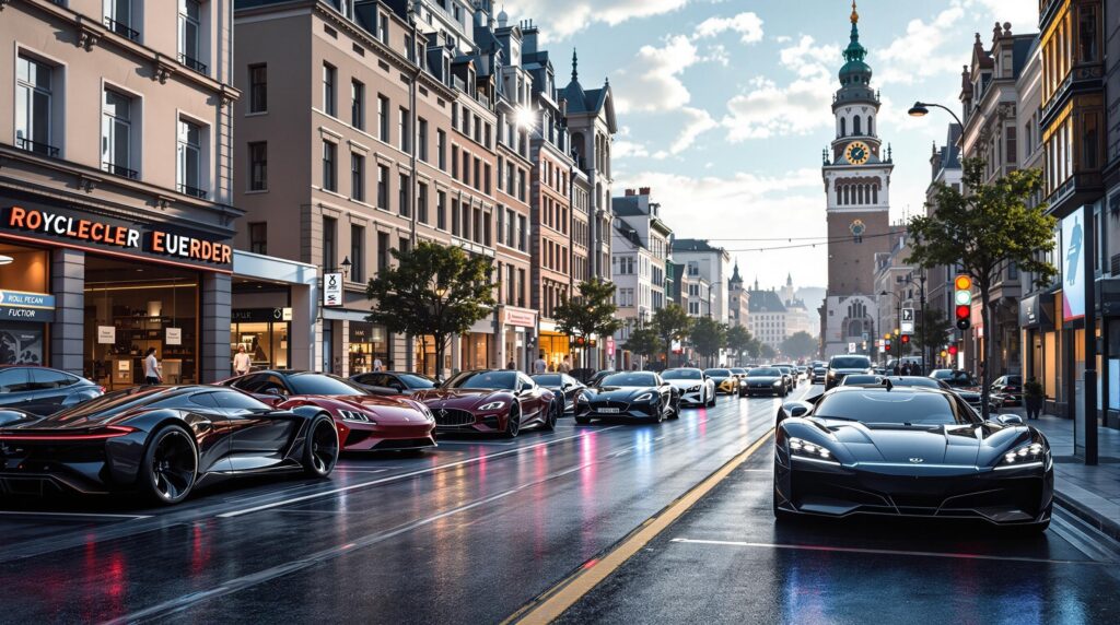 La imagen muestra una calle de ciudad llena de coches futuristas y de alta gama alineados, sugiriendo una exhibición o evento. El texto 'LOS COCHES MÁS ESPERADOS EN 2025' se muestra de manera prominente, indicando que estos son los coches más anticipados de 2025. La escena está ambientada con edificios de estilo europeo, con una mezcla de arquitectura moderna y clásica, y una torre en la distancia. La calle está mojada, reflejando las luces de los coches y edificios, lo que añade un efecto dramático. La imagen es interesante y relevante ya que destaca la emoción y anticipación por los modelos de coches que se esperan en 2025.