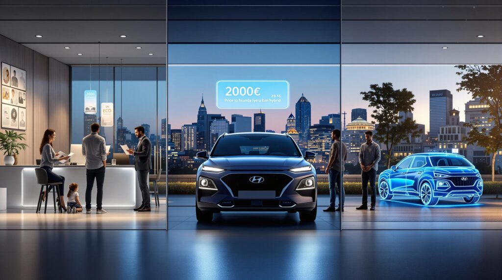 La imagen muestra un concesionario de coches moderno con un diseño futurista y una iluminación azul. En el centro de la imagen hay un SUV Hyundai con un cartel que indica un descuento de "-2000€" y una medida de "55 - 16.35 mm". A la derecha, se puede ver otro coche y, en el fondo, tres personas de pie en un mostrador, posiblemente discutiendo o negociando algo. El concesionario tiene gráficos digitales en las paredes, añadiendo a la atmósfera tecnológica y avanzada del lugar.
