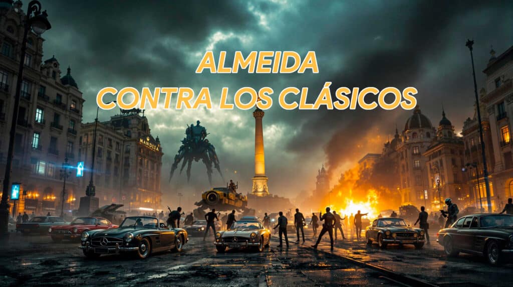 Los vehiculos historicos pueden circular por Madrid: La imagen muestra una escena dramática ambientada en una plaza de la ciudad con coches clásicos, personas y elementos futuristas. El fondo presenta edificios altos e históricos, y una gran columna con una estatua en la parte superior. En el centro, hay un robot gigante y un vehículo futurista, con personas alrededor, algunas en poses de acción. El cielo está oscuro y tormentoso, y hay un gran incendio en el lado derecho de la imagen, añadiendo a la atmósfera caótica. El texto 'ALMEIDA CONTRA LOS CLÁSICOS' se muestra de manera prominente en el centro de la imagen en letras amarillas y negritas. Esta imagen es interesante porque yuxtapone elementos clásicos como coches vintage y arquitectura histórica con elementos futuristas y caóticos, creando una escena llamativa y dinámica.