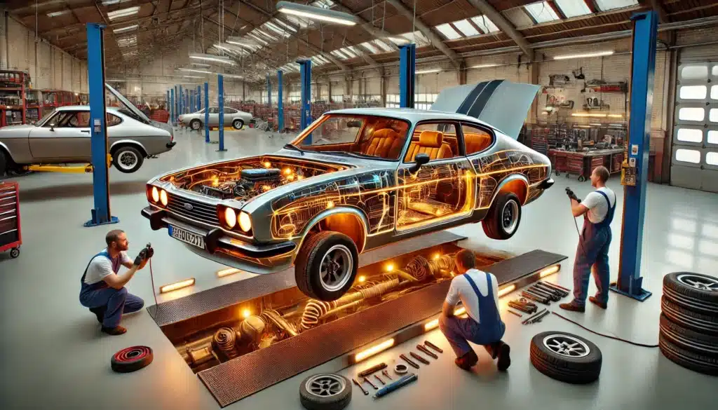 La imagen muestra un taller mecánico con varios autos clásicos, específicamente Ford Capri, en diferentes etapas de reparación. En el centro de la imagen, hay un Ford Capri elevado, con una representación digital de sus componentes internos iluminados, lo que permite ver el cableado y las partes mecánicas del vehículo. Tres mecánicos están trabajando en el auto, uno de ellos agachado con una herramienta en la mano, otro de pie sosteniendo una manguera o cable, y el tercero observando desde una posición más baja. Alrededor del taller, se pueden ver herramientas, neumáticos y otros autos en elevadores. La imagen es interesante porque combina elementos reales con una visualización digital detallada del interior del auto, lo que resalta la complejidad y precisión del trabajo mecánico.