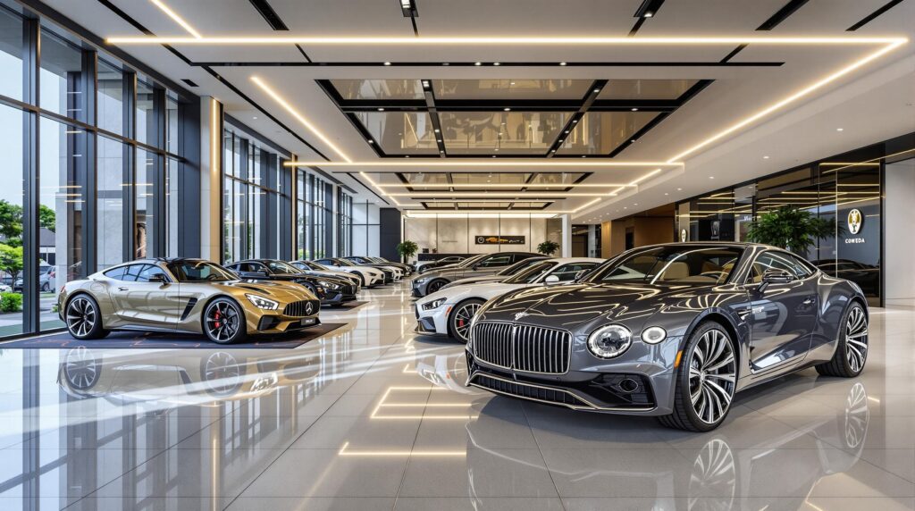 La imagen muestra un lujoso concesionario de automóviles con una variedad de vehículos de alta gama en exhibición. El concesionario cuenta con grandes ventanas de piso a techo, iluminación moderna y un suelo pulido y elegante. Los coches en el concesionario incluyen modelos de marcas prémium, con un enfoque en el lujo y el rendimiento. El entorno es elegante y sofisticado, destacando la exclusividad y el alto estatus de los vehículos que se exhiben. Esta imagen es relevante para ilustrar la opulencia y el atractivo de las marcas de coches prémium, lo que la convierte en una representación ideal para la categoría "Marcas prémium".