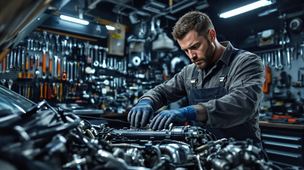 La imagen muestra a un mecánico trabajando en el motor de un coche en un taller bien equipado. El mecánico lleva un uniforme gris y guantes azules, y está concentrado en la tarea. El fondo está lleno de diversas herramientas colgadas en la pared, lo que indica un espacio de trabajo profesional y organizado. Esta imagen es relevante ya que destaca el trabajo detallado y especializado involucrado en la reparación y mantenimiento automotriz.