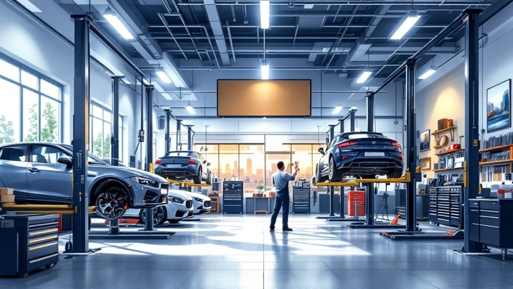 Centro de servicio automotriz moderno con varios coches deportivos siendo atendidos. La instalación parece limpia y bien organizada, con iluminación brillante y varias estaciones de trabajo. Hay una persona de pie en el centro, mirando hacia los coches y las áreas de trabajo.