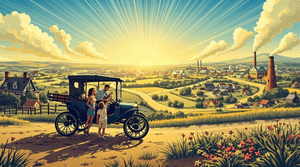 La imagen muestra una escena rural pintoresca al amanecer o al atardecer, con una familia de pie junto a un automóvil de principios del siglo XX en un camino de tierra con vistas a un pueblo. El pueblo presenta una mezcla de casas residenciales, edificios industriales con chimeneas que emiten humo y campos verdes exuberantes. El cielo está lleno de dramáticos rayos de luz solar que atraviesan las nubes, creando una atmósfera cálida y vibrante. La escena es interesante ya que captura un momento de transición entre la vida rural e industrial, destacando los primeros días de los viajes en automóvil y el impacto de la industrialización en los pequeños pueblos.