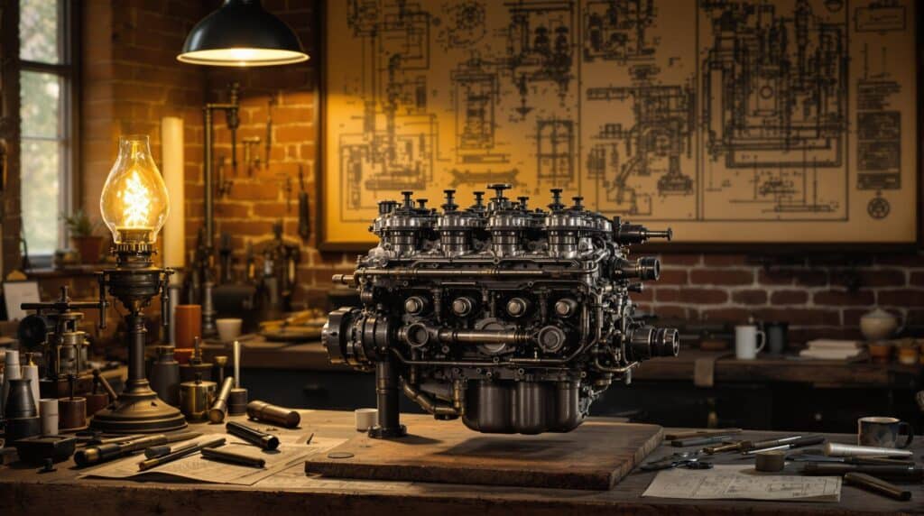 La imagen muestra un motor detallado y complejo, probablemente de un vehículo antiguo como el Ford Model T, colocado sobre un banco de trabajo de madera en un taller. El taller tiene una estética rústica e industrial, con paredes de ladrillo expuesto y varias herramientas y equipos dispersos alrededor. Hay una lámpara prominente y antigua con una bombilla de filamento brillante en el lado izquierdo del banco de trabajo, proporcionando una iluminación cálida a la escena. En el fondo, hay un gran dibujo técnico o plano en la pared, añadiendo al ambiente técnico e histórico del entorno. La imagen es interesante y relevante porque muestra la complejidad y la artesanía de la ingeniería automotriz temprana, destacando la ingeniosidad mecánica del pasado.