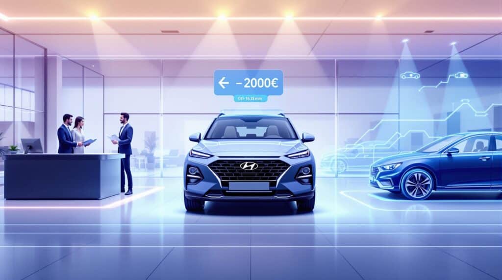 La imagen muestra un concesionario de coches moderno con un diseño futurista y una iluminación azul. En el centro de la imagen hay un SUV Hyundai con un cartel que indica un descuento de "-2000€" y una medida de "55 - 16.35 mm". A la derecha, se puede ver otro coche y, en el fondo, tres personas de pie en un mostrador, posiblemente discutiendo o negociando algo. El concesionario tiene gráficos digitales en las paredes, añadiendo a la atmósfera tecnológica y avanzada del lugar.