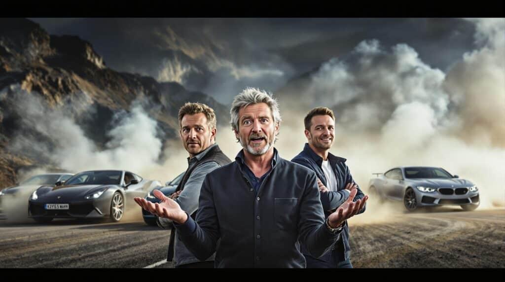 Claro, aquí tienes: La imagen muestra tres personas de pie frente a tres coches deportivos de alto rendimiento en una carretera polvorienta con un fondo montañoso. Los coches parecen ser un Lamborghini, un Ferrari y un BMW. La escena es dramática, con nubes de polvo elevándose detrás de los coches, lo que sugiere que han sido conducidos a alta velocidad. Esta imagen es interesante y relevante para noticias de la automoción porque presenta coches deportivos de alta gama y un entorno dinámico, que a menudo se asocian con reseñas de coches, carreras o programas automovilísticos.