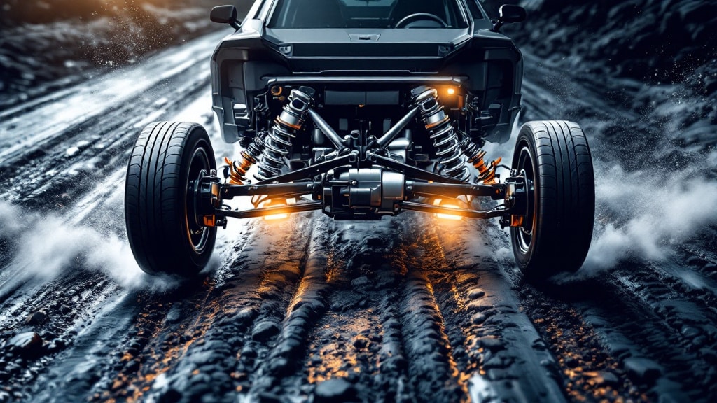 Primer plano del sistema de suspensión delantera de un vehículo, mostrando detalles intrincados de componentes como muelles, amortiguadores y enlaces. Elementos dinámicos como vapor o niebla rodean el sistema, añadiendo un efecto dramático.