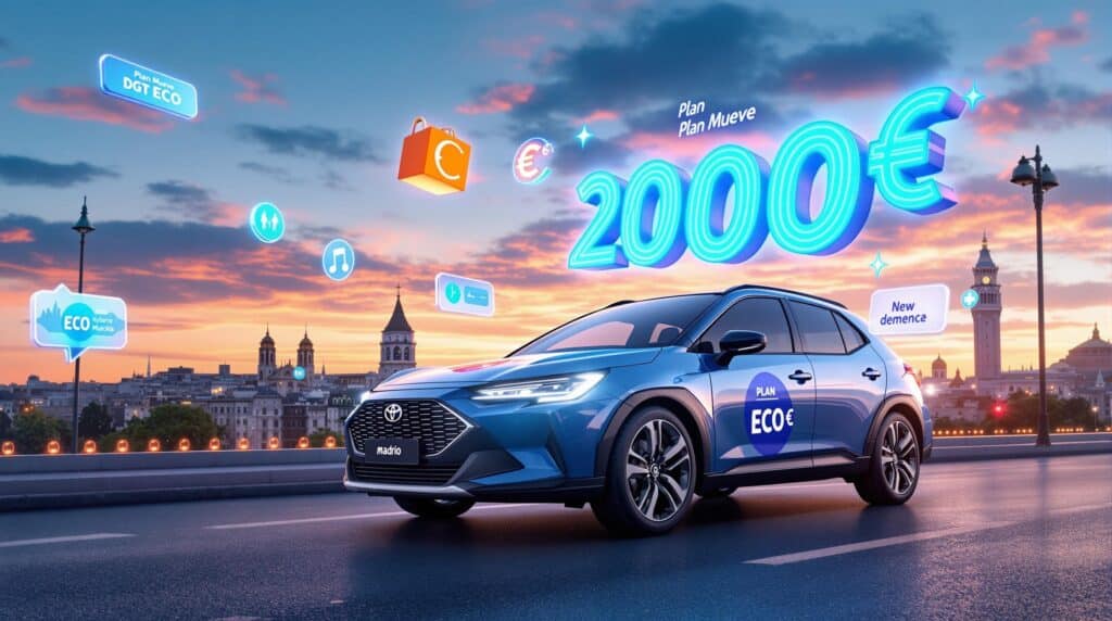 La imagen muestra un coche Toyota azul con la etiqueta "Madrid" en la parte delantera, conduciendo por una carretera con un paisaje urbano al fondo durante el atardecer. El coche tiene una insignia que dice "PLAN ECO€" en su lateral. Alrededor del coche hay varios iconos flotantes, incluyendo una bolsa de compras con un símbolo de euro, una nota musical y un icono de familia. El texto "Plan Mueve DGT ECO" y "Plan Plan Mueve" también son visibles. El texto más prominente en la imagen es "2000€", indicando un incentivo financiero o descuento.