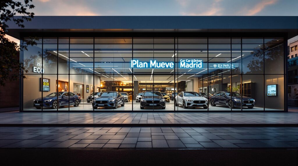 La imagen muestra el exterior de un concesionario de coches moderno con una fachada de vidrio. Dentro, se exhiben varios coches de lujo, incluyendo modelos de marcas como BMW y Mercedes-Benz. El concesionario está bien iluminado y el interior parece espacioso y limpio. Hay letreros con textos como "Plan Mueve", "Car Car & Driver Madrid" y "ECO ECO". El concesionario parece estar promoviendo vehículos ecológicos y planes relacionados.