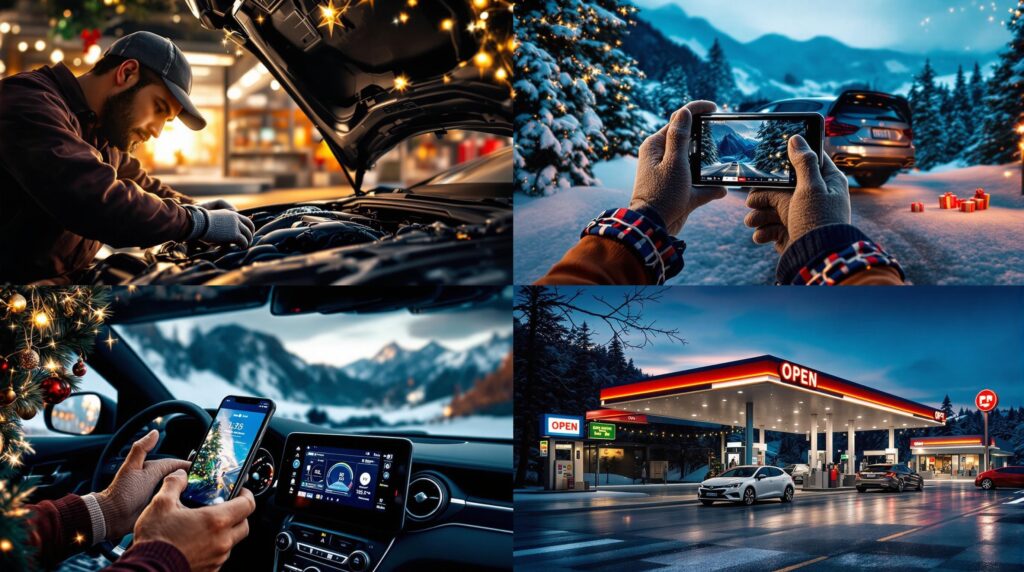 La imagen es un collage de cuatro escenas relacionadas con el invierno y los coches. La esquina superior izquierda muestra a una persona trabajando en el motor de un coche, con luces navideñas de fondo. La esquina superior derecha muestra a una persona tomando una foto de un paisaje nevado con un coche y regalos de Navidad cerca. La esquina inferior izquierda muestra a una persona dentro de un coche, sosteniendo un smartphone con una imagen de un árbol de Navidad en la pantalla, y el tablero del coche es visible. La esquina inferior derecha presenta una gasolinera de noche, con un paisaje nevado y el letrero "OPEN" iluminado. Esta imagen combina elementos de invierno, la temporada navideña y actividades automovilísticas, creando un tema festivo y práctico.