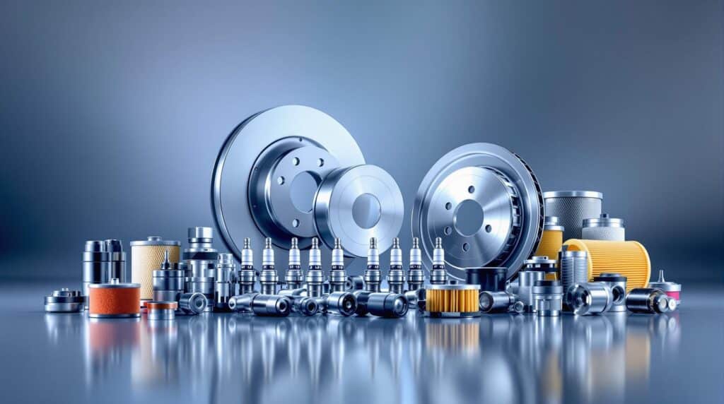 La imagen muestra una colección de varias piezas automotrices dispuestas sobre una superficie reflectante. Las piezas incluyen discos de freno, bujías, filtros de aceite y otros componentes del motor. Las piezas son de metal y algunas tienen una apariencia brillante y pulida, mientras que otras están cubiertas con materiales como papel o tela para fines de filtración. La disposición y variedad de piezas sugieren un enfoque en el mantenimiento o reparación automotriz, lo que la hace relevante para aquellos interesados en la mecánica de automóviles o la ingeniería automotriz. La imagen es visualmente atractiva debido a la disposición limpia y organizada y la superficie reflectante que realza el brillo metálico de los componentes.