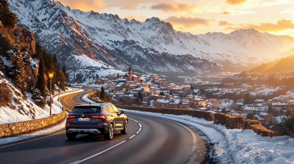 aHORA PARA ESTA:
La imagen muestra una carretera de montaña escénica durante el atardecer o amanecer. Un coche está conduciendo por la carretera sinuosa, que está bordeada por un muro de piedra y farolas. La carretera lleva a un pintoresco pueblo situado en un valle rodeado de montañas cubiertas de nieve. El pueblo tiene una iglesia prominente con un campanario, y las casas están cubiertas de nieve, reflejando la cálida luz del sol poniente o naciente. La escena captura la belleza de un paisaje invernal y la tranquilidad de un pequeño pueblo de montaña, destacando el contraste entre el entorno natural y la presencia humana.