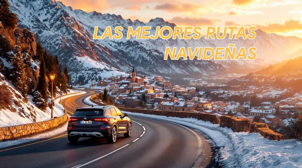 La imagen muestra un paisaje invernal con una carretera sinuosa que atraviesa una zona montañosa. Un coche está conduciendo por la carretera, y el área circundante está cubierta de nieve. La carretera está bordeada por farolas, y en el fondo se puede ver un pintoresco pueblo con tejados nevados y un campanario. Las montañas en la distancia también están cubiertas de nieve, y el cielo está iluminado con los cálidos colores de un atardecer. El texto en la imagen dice: "LAS MEJORES RUTAS NAVIDEÑAS".