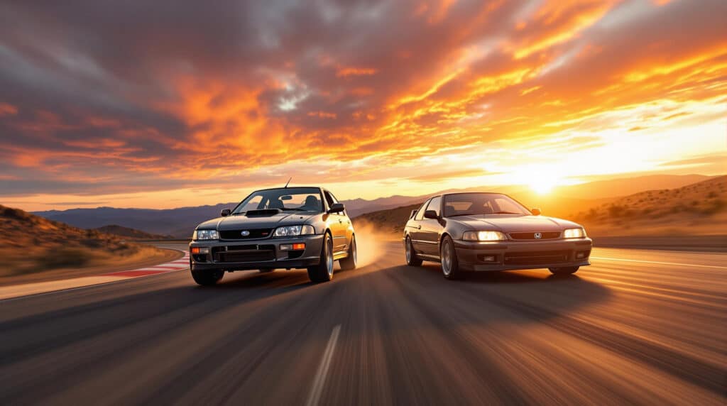 La imagen muestra dos coches de carreras en una carretera con un dramático atardecer de fondo. El coche de la izquierda es un Subaru WRX STI, y el coche de la derecha es un Honda Civic Type R. La escena es dinámica, con ambos coches en movimiento, lo que crea una sensación de velocidad y competencia. El atardecer añade un elemento visualmente impactante a la imagen, con vibrantes tonos naranjas y amarillos iluminando el cielo y proyectando un resplandor cálido sobre el paisaje. La carretera se curva ligeramente, sugiriendo una pista de carreras o una ruta escénica a través de un desierto o área montañosa. Esta imagen es interesante porque captura la emoción de las carreras y la belleza del entorno natural, combinando elementos de entusiasmo automovilístico y fotografía escénica.