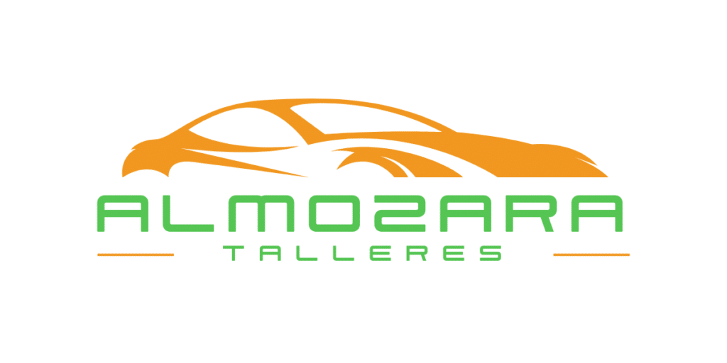 El logotipo muestra el texto "ALMOZARA TALLERES" en letras mayúsculas. La palabra "ALMOZARA" está en color verde, en negrita y en letras grandes, mientras que "TALLERES" está en letras más pequeñas y también en color verde. Encima del texto, hay una silueta estilizada de un automóvil en color naranja. A ambos lados de la palabra "TALLERES" hay dos líneas horizontales naranjas. La imagen es relevante porque representa un taller de reparación de automóviles, y el diseño del logotipo sugiere profesionalismo y especialización en el sector automotriz.