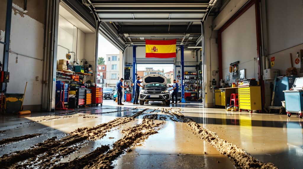 Interior de un taller de reparación de automóviles con un vehículo elevado en un elevador. El suelo muestra huellas de neumáticos embarradas que van desde la entrada hasta el área del elevador, lo que sugiere actividad reciente.