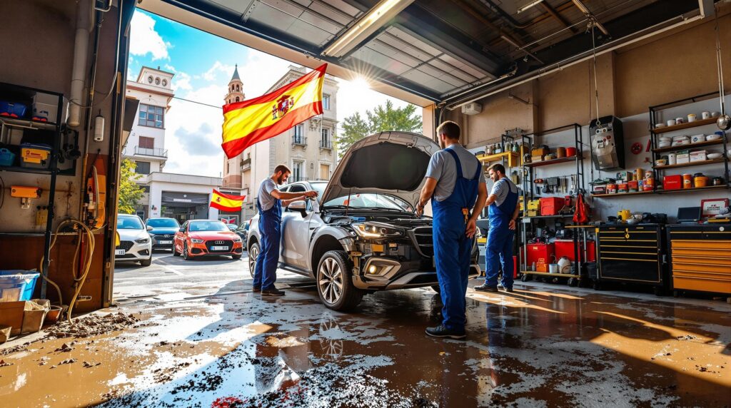 Interior de un taller de reparación de automóviles con el capó de un coche abierto y cuatro personas alrededor del vehículo, posiblemente mecánicos, en un entorno de trabajo. El taller tiene herramientas y equipos típicos de este tipo de lugar. Una bandera cuelga de manera prominente en el fondo.