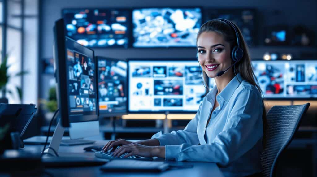 La imagen muestra a una persona sentada en un escritorio frente a varios monitores de computadora. La persona lleva un auricular y parece estar trabajando en una sala de control o estación de monitoreo. Los monitores muestran varias imágenes y datos, sugiriendo un entorno de alta tecnología, posiblemente relacionado con seguridad, TI o análisis de datos. El entorno es interesante y relevante ya que destaca el uso de la tecnología y la importancia del monitoreo y análisis de datos en los entornos laborales modernos.