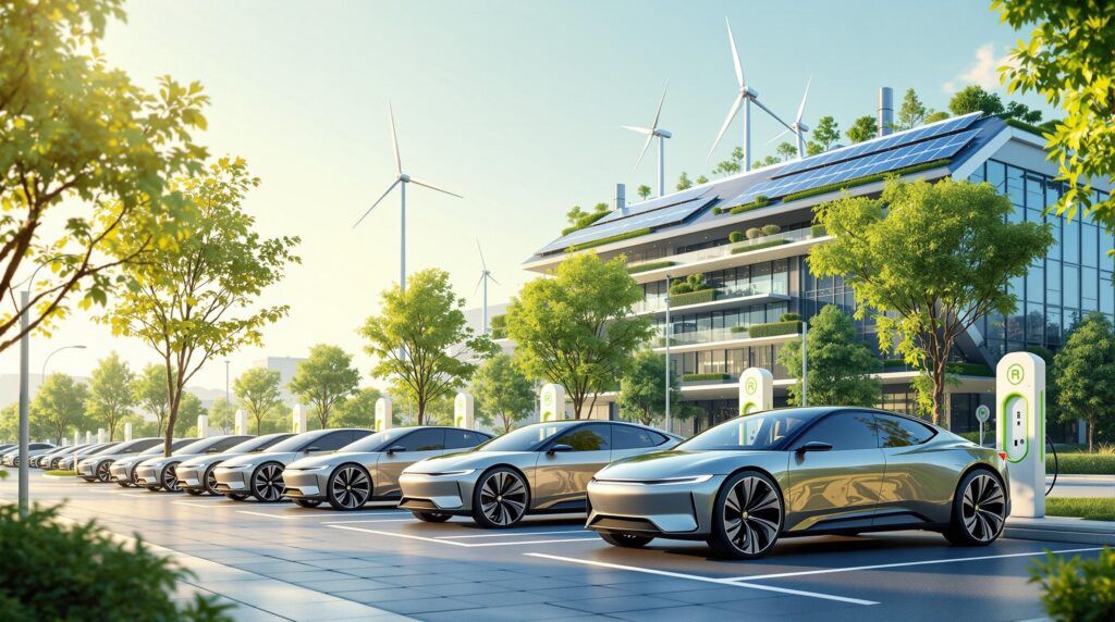 La imagen muestra un entorno urbano moderno y sostenible con una fila de vehículos eléctricos estacionados en estaciones de carga. En el fondo, se puede ver un edificio con paneles solares en el techo y turbinas eólicas, lo que indica el uso de fuentes de energía renovable. La escena está ambientada en una zona verde con árboles, enfatizando la integración de la naturaleza y la tecnología. Esta imagen es interesante y relevante ya que destaca la transición hacia el transporte sostenible y las soluciones de energía renovable en la planificación urbana.