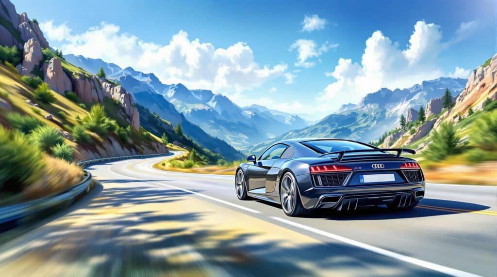 La imagen muestra un elegante coche deportivo moderno conduciendo por una carretera montañosa y sinuosa. El coche es un Audi, identificable por el logotipo en la parte trasera. La carretera serpentea a través de un paisaje pintoresco con acantilados rocosos, vegetación verde y montañas distantes bajo un cielo azul brillante con nubes dispersas. La escena es dinámica, con una sensación de velocidad y movimiento, lo que la hace visualmente impactante y relevante para mostrar el rendimiento del coche y la belleza de los alrededores naturales.