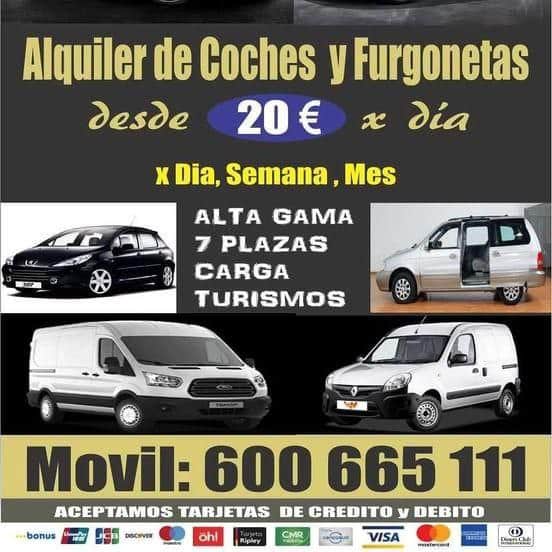 Publicidad de alquiler de vehículos. La imagen muestra diferentes tipos de vehículos disponibles para alquilar, incluyendo coches y furgonetas. El anuncio destaca un precio inicial de 20 euros por día y menciona que los vehículos se pueden alquilar por día, semana o mes. También especifica que hay coches de alta gama, vehículos de 7 plazas, furgonetas de carga y turismos disponibles. El número de contacto proporcionado es “600 665 111” y se indican los logos de varias tarjetas de crédito y débito aceptadas.
