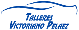 Logo de “Talleres Victoriano Pelaez” con texto en azul. La palabra “Talleres” está arriba en negrita e itálica, y “Victoriano Pelaez” está abajo. Encima del texto hay una línea curva azul que parece una ola, dando una sensación de movimiento.