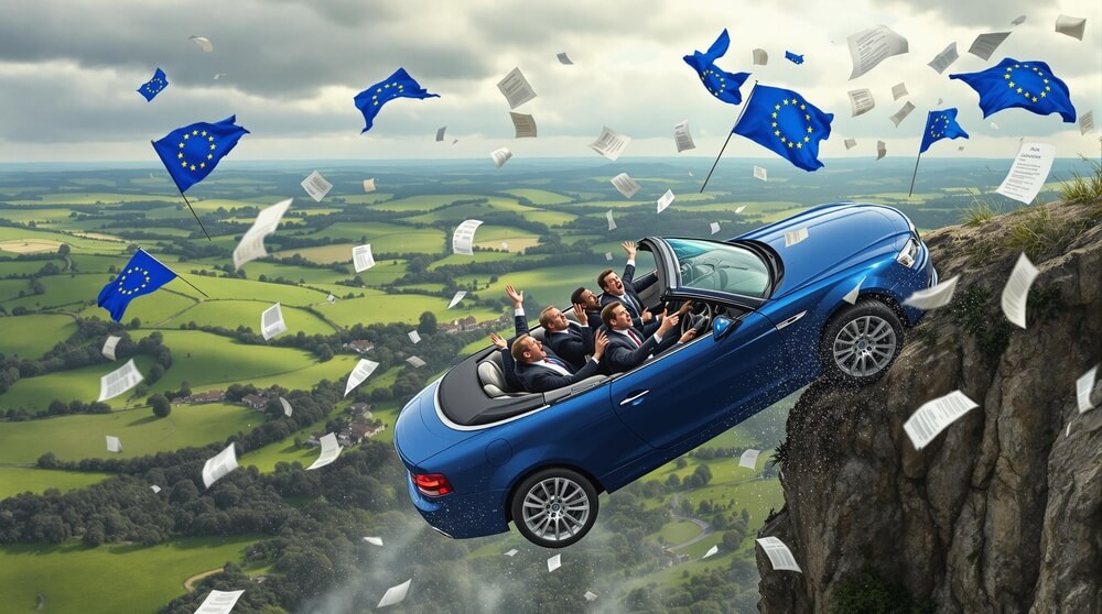 La imagen muestra un coche descapotable azul con varias personas dentro, tambaleándose al borde de un acantilado. El coche parece estar en movimiento, con las ruedas delanteras ya fuera del acantilado. El fondo presenta un paisaje pintoresco con campos verdes y un cielo nublado. Banderas de la Unión Europea y papeles vuelan alrededor del coche, sugiriendo una situación caótica o dramática. Esta imagen parece ser una representación metafórica de una situación precaria o crítica que involucra a la Unión Europea.