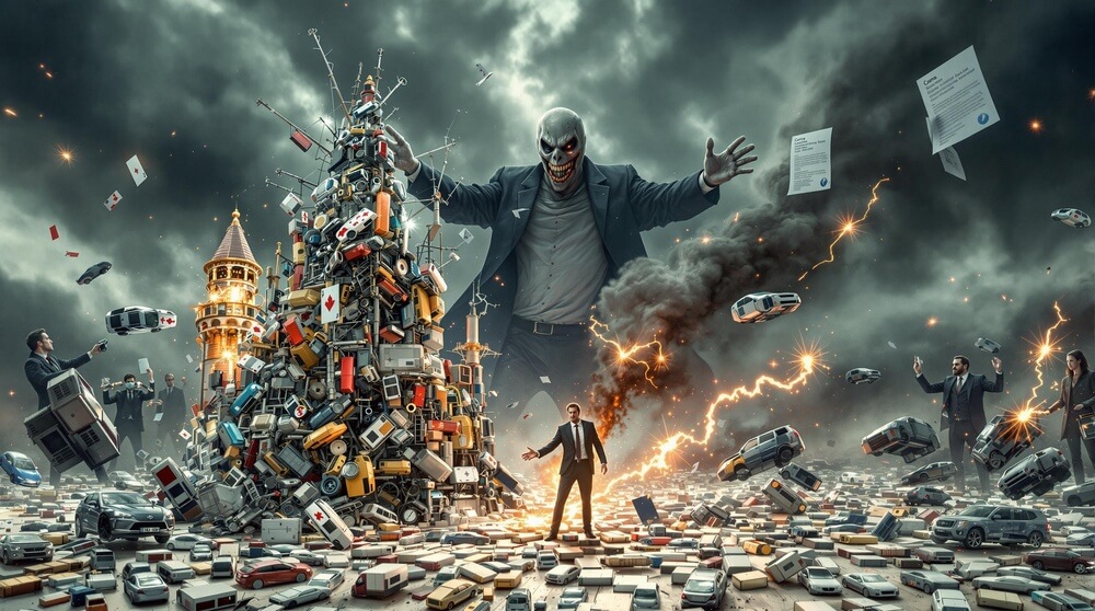 
Ahora para esta en que la industria automotriz de la UE se va a la mierda:
La imagen muestra una escena caótica con una figura imponente en el fondo, cuya cara está oculta, aparentemente manipulando o controlando el entorno. La escena está llena de una enorme pila de coches y piezas automotrices formando una estructura imponente. Alrededor de esta pila, hay varias figuras más pequeñas con trajes de negocios, aparentemente reaccionando al caos. El cielo es oscuro y tormentoso, con relámpagos y explosiones que añaden a la sensación de tumulto. Papeles y documentos están esparcidos y volando por el aire, contribuyendo al desorden. La imagen parece simbolizar un evento catastrófico o una crisis en la industria automotriz, posiblemente insinuando un trastorno económico o regulatorio.