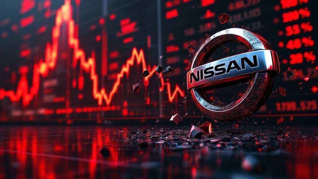 "El logotipo metálico de Nissan se muestra de manera prominente en primer plano, con un fondo que presenta un gráfico de mercado de valores en rojo, indicando una caída significativa. El gráfico incluye varios porcentajes y valores numéricos, sugiriendo una fuerte disminución en el rendimiento de las acciones de Nissan. La imagen transmite una crítica contundente a la situación financiera de Nissan, representada como una caída tremenda en el mercado.