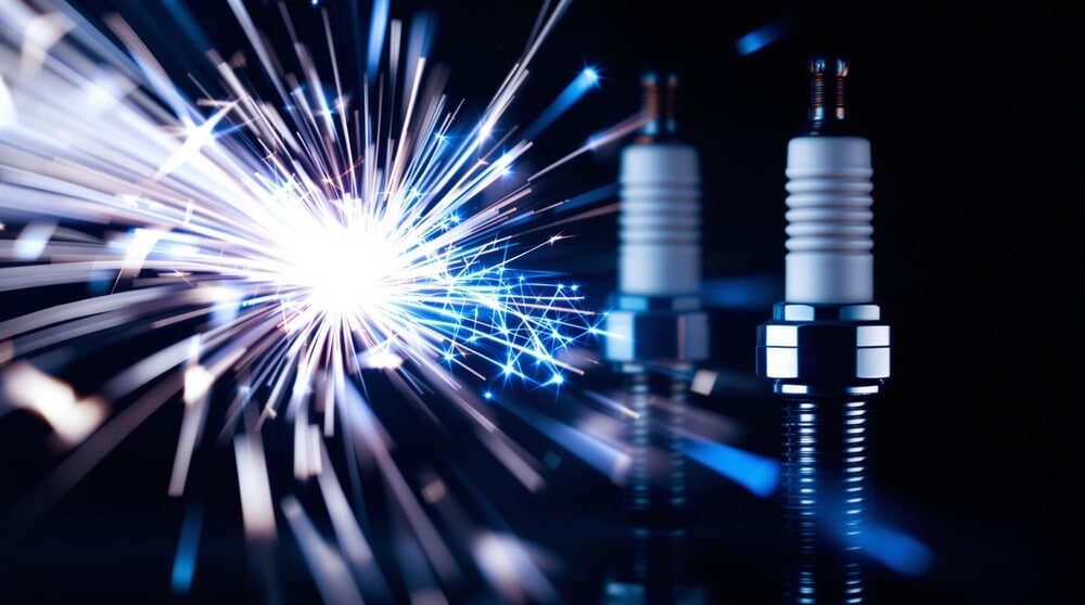 Primer plano de un chispazo brillante en un fondo oscuro, con dos bujías visibles al fondo. El destello de luz azul y blanca crea un efecto dinámico y resalta la funcionalidad de las bujías.