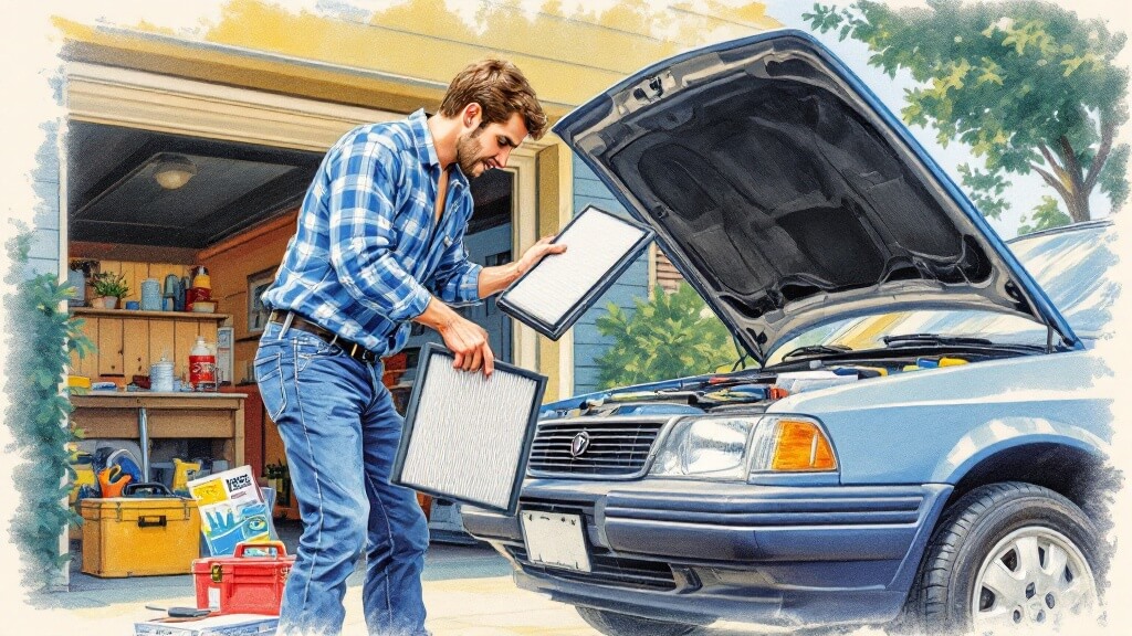Cómo cambiar el filtro de aire del coche: Imagen de una persona trabajando en un coche en un camino de entrada o garaje. La persona sostiene dos filtros de aire, uno en cada mano, y parece estar en el proceso de reemplazar el filtro de aire del coche. El capó del coche está abierto, revelando el compartimento del motor. En el fondo, hay un garaje con varias herramientas y suministros, incluyendo una caja de herramientas, una lata de aceite y otros artículos relacionados con la automoción.