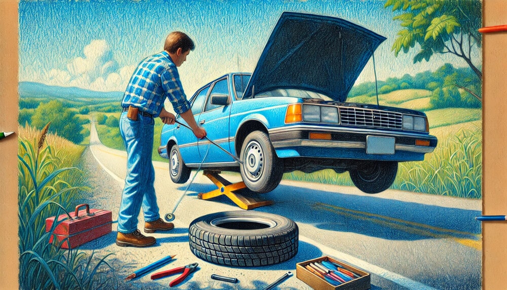 Una persona cambia una rueda en un coche azul levantado con un gato en el arcén de una carretera para cambiar la rueda del coche. El capó del coche está abierto y varias herramientas, incluyendo una caja de herramientas, una llave inglesa y una rueda de repuesto, están esparcidas en el suelo. La escena se desarrolla en una zona rural con campos y árboles al fondo, sugiriendo una avería o tarea de mantenimiento en un lugar remoto.
